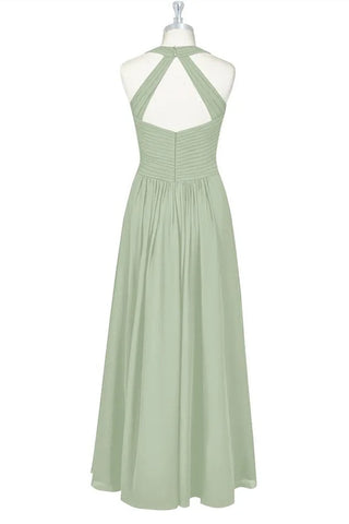 Sage Green Chiffon Halter A-Line Long Maid of Honor Dress