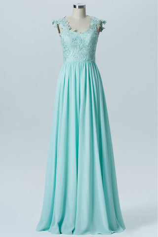 Aqua Blue Floral Embroidered Pleated Bridesmaid Dress