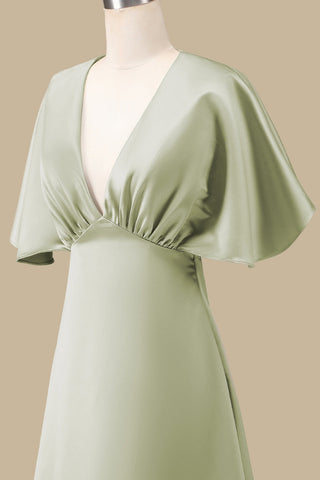 Dusty Sage Plunge V Maxi Dress with Half Sleeves