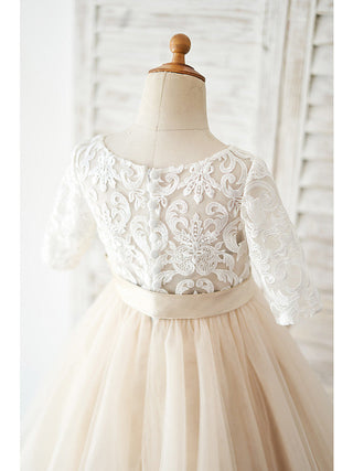 Ball Gown Lace Tulle Half Sleeve Jewel Neck Wedding Birthday Flower Girl Dresses