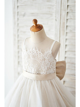 Ball Gown Lace Tulle Sleeveless Spaghetti Strap Wedding Birthday Flower Girl Dresses