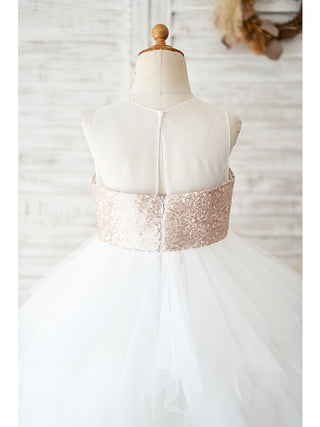 Ball Gown Tulle Sequined Sleeveless Jewel Neck Wedding Birthday Flower Girl Dresses