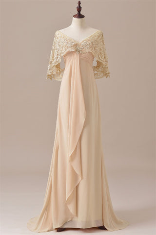 V-Neck Lace Draped Sleeves Ruffle Long Mother of the Bride Dress