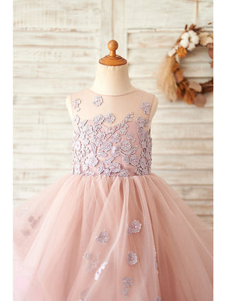 Long Ball Gown Lace Tulle Sleeveless Jewel Neck Wedding Birthday Flower Girl Dresses