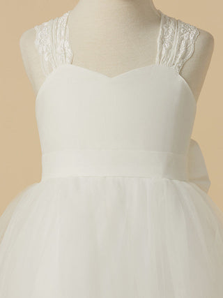 Long Princess Lace Satin Tulle Sleeveless Wedding First Communion Flower Girl Dresses